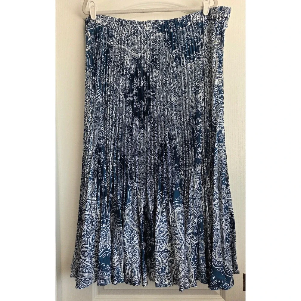CHICOS Blue White‎ Paisley Pleated Elastic Waist Flowy Midi Maxi Skirt Sz 4/XXL